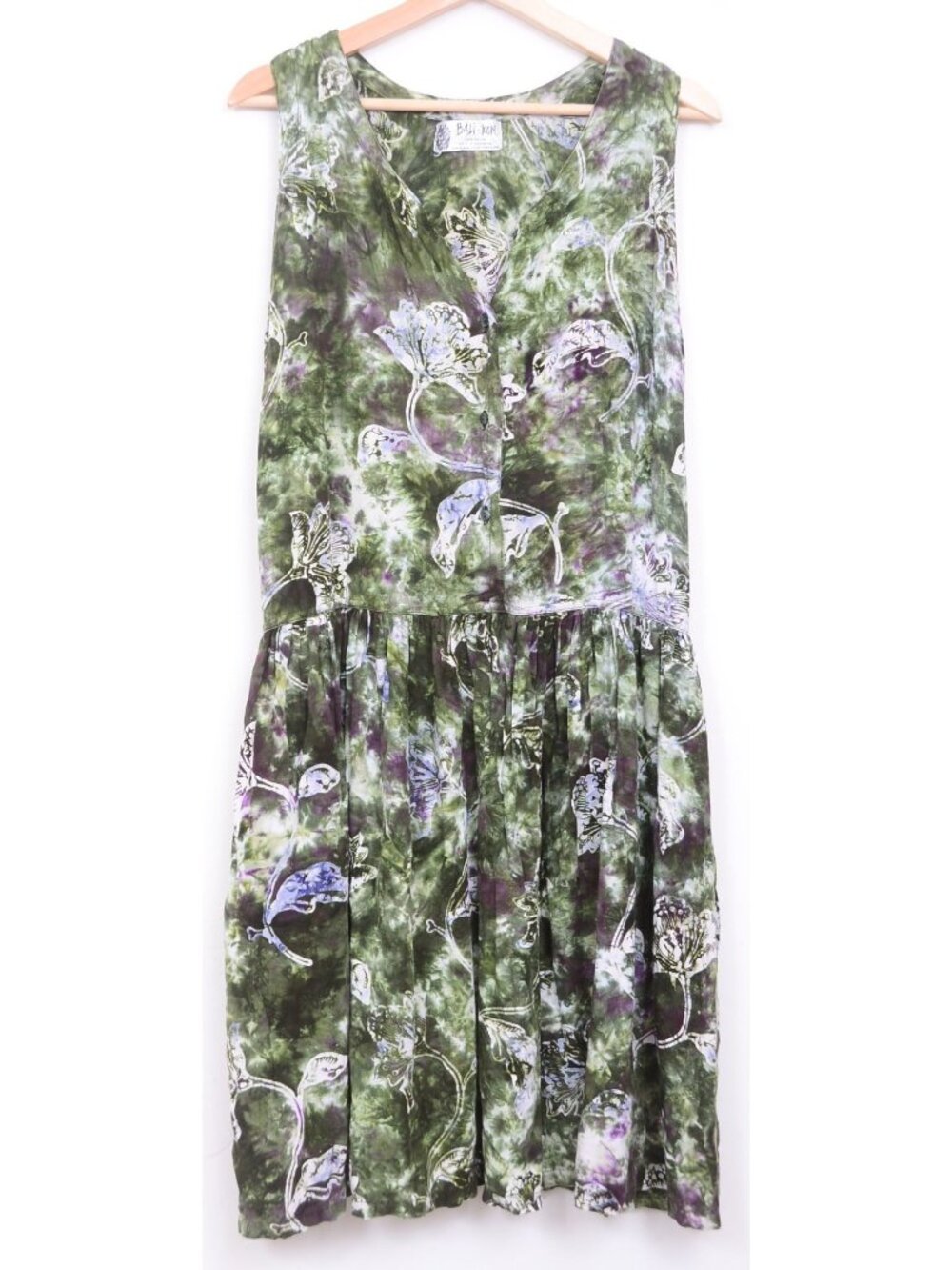 Vintage 80s LG Bali-Kon Green Floral Dress Pockets Artsy Summer Vacation Resort